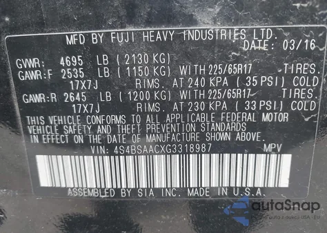 2016 Subaru Outback 2.5I из США, поврежденный, VIN 4S4BSAACXG3318987